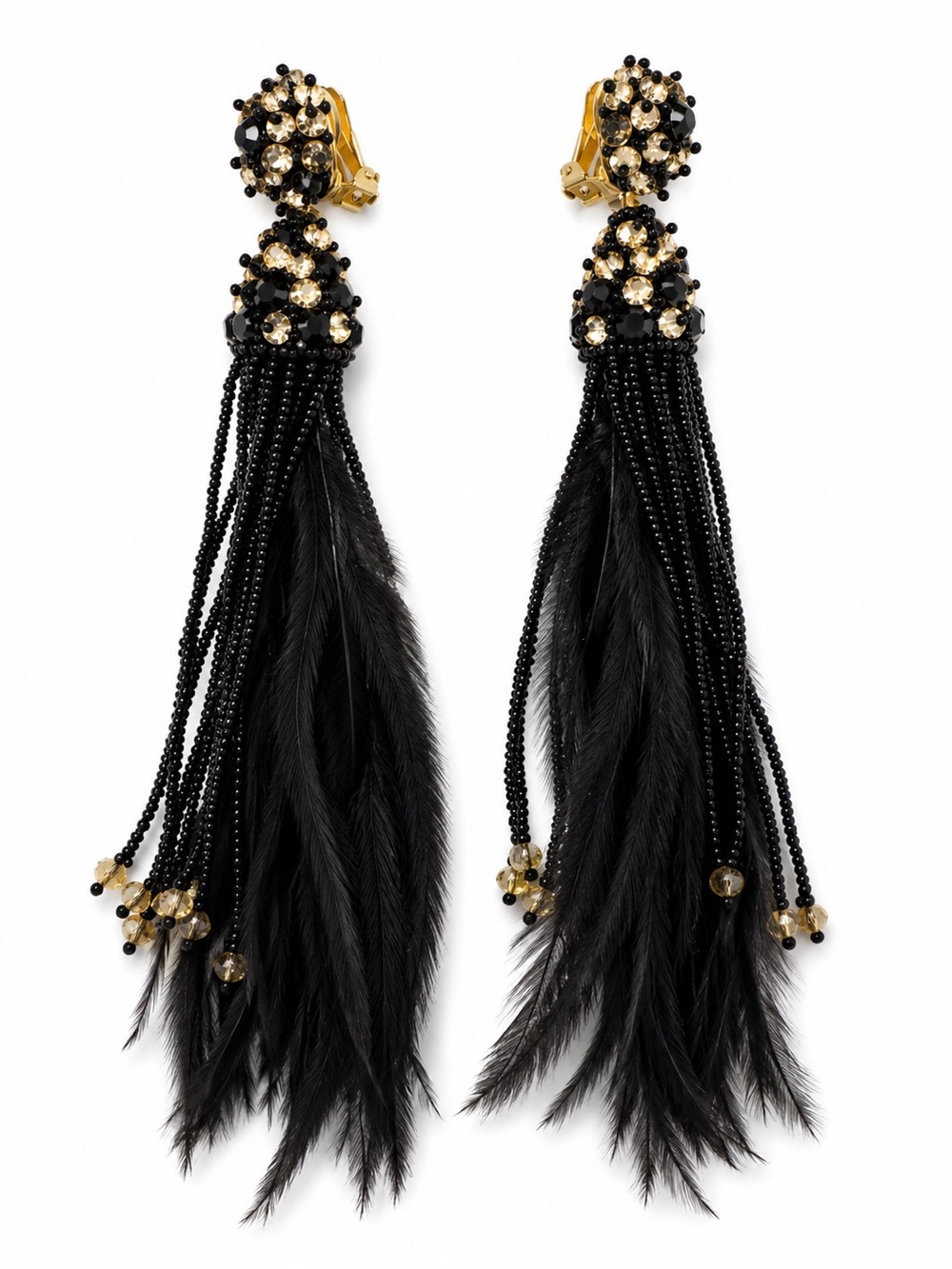 Oscar de la Renta Ostrich Feather & Bead Tassel Statement Earrings with clip